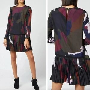 $275 Ted Baker Rosarn Sapphire Long Sleeve Dress Black Red Abstract